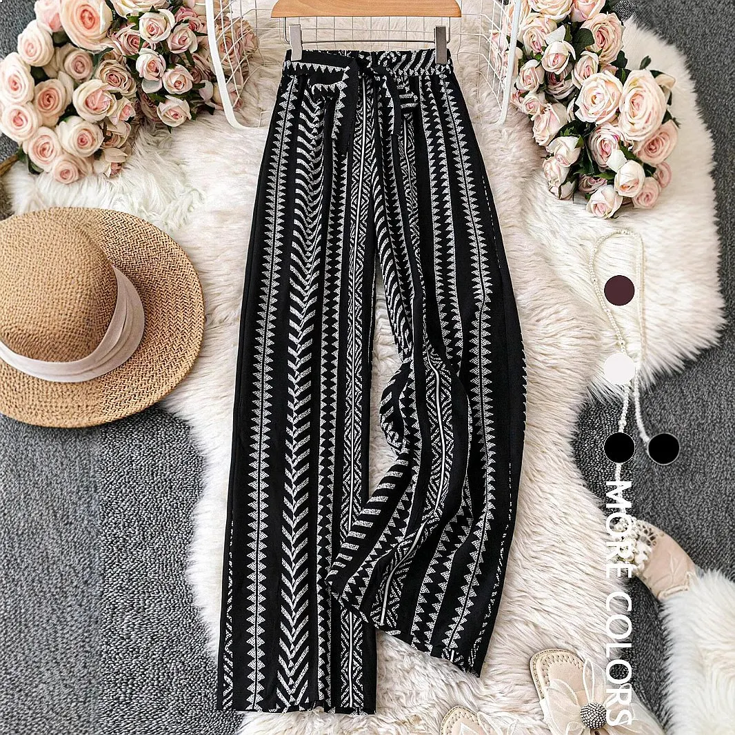 Women's Printed Wide Leg Pants Beach Vacation Loose Trousers with Tie Waist