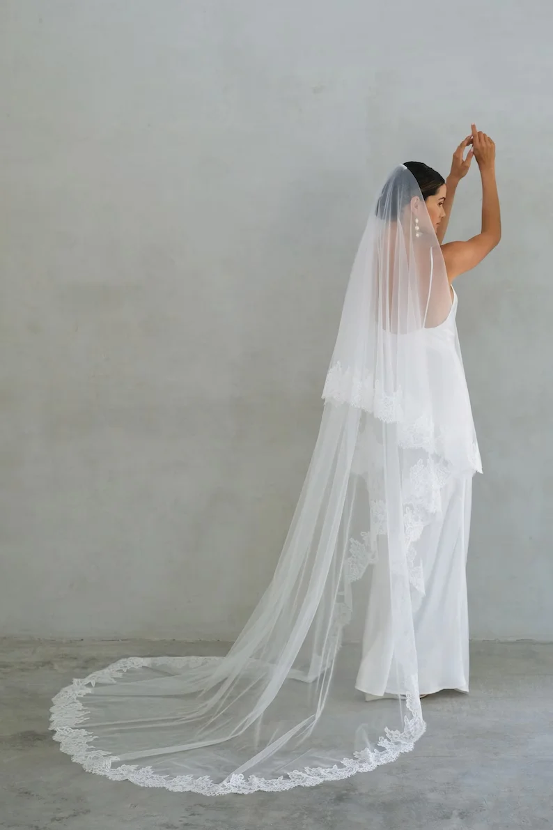 Mantilla Veil ,Two Tier Wedding Veil with Lace Eyelash Edge, Cathedral Long Bridal Veil