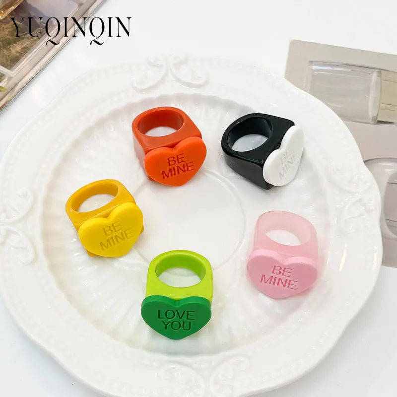 5Pcs/sets Trendy Colorful Summer Heart Rings Suit Geometric Square Exaggerated Big Ring For Women Unique Stage Fashion Jewelry