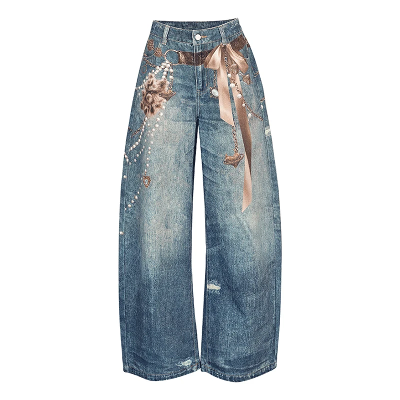 ELFSACK Women's Boho Wide Leg Jeans with Floral Pearl Decor, Retro Washed Denim Pants, Casual Loose Trousers