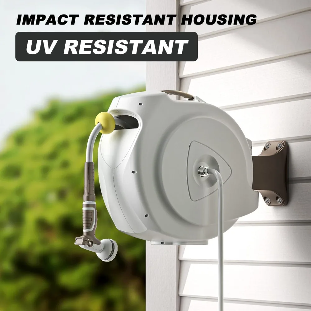 Retractable Garden Hose Reel, 5/8 in 65+6 ft, Heavy Duty Wall Mounted Water Hose Reel, Spring Power Automatic - HOME
