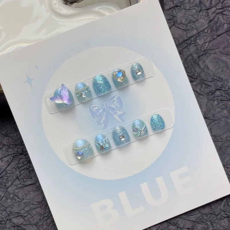 Kids Mermaid Diamond Cute Short Nails Press on Handmade 10 Pcs Kawaii High Quality Hand Made Charms Fake Nail with Box and Tools