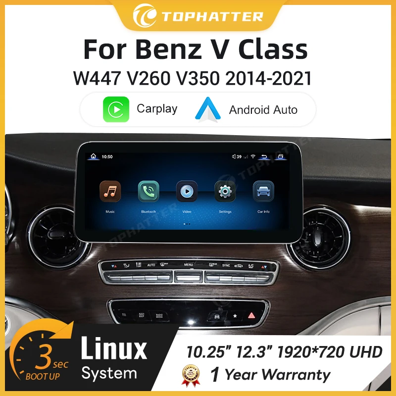 Linux Multimedia Screen Wireless CarPlayMercedes V Class W447 V260 V350 2014-2021 GPS With Carplay Android Auto Airplay Mirror