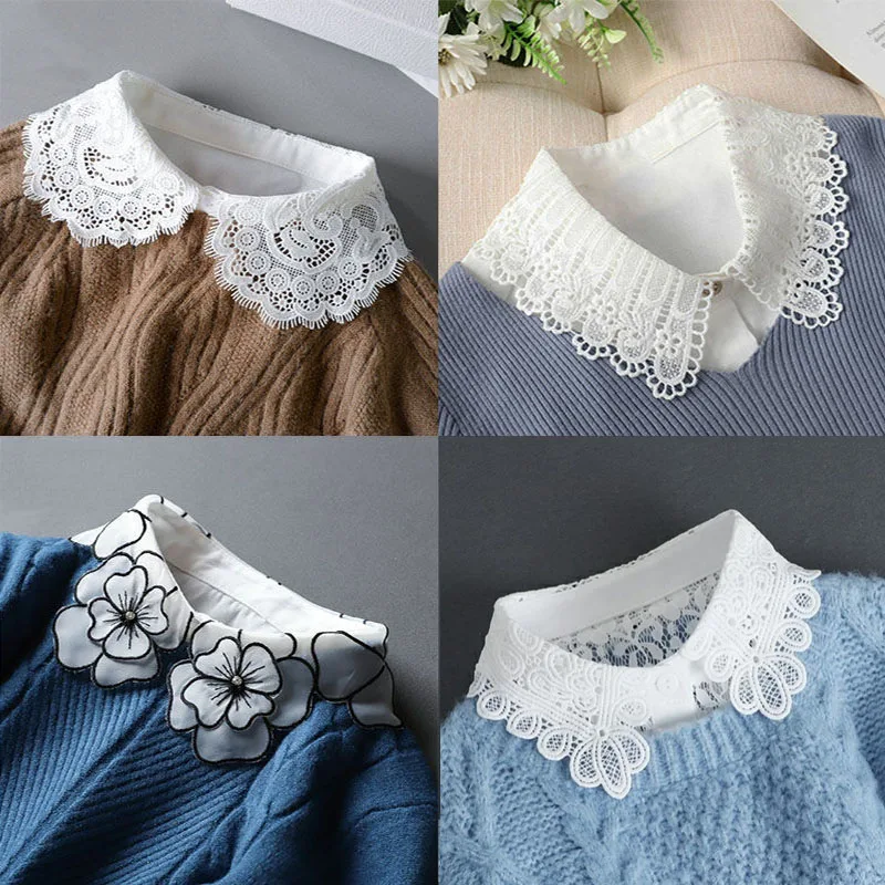 Vintage Lace Fake Collar Women Blouse Shirt Decor False Collar Top Woman Detachable Collar Shirt Women Tie Removable Half Shirt