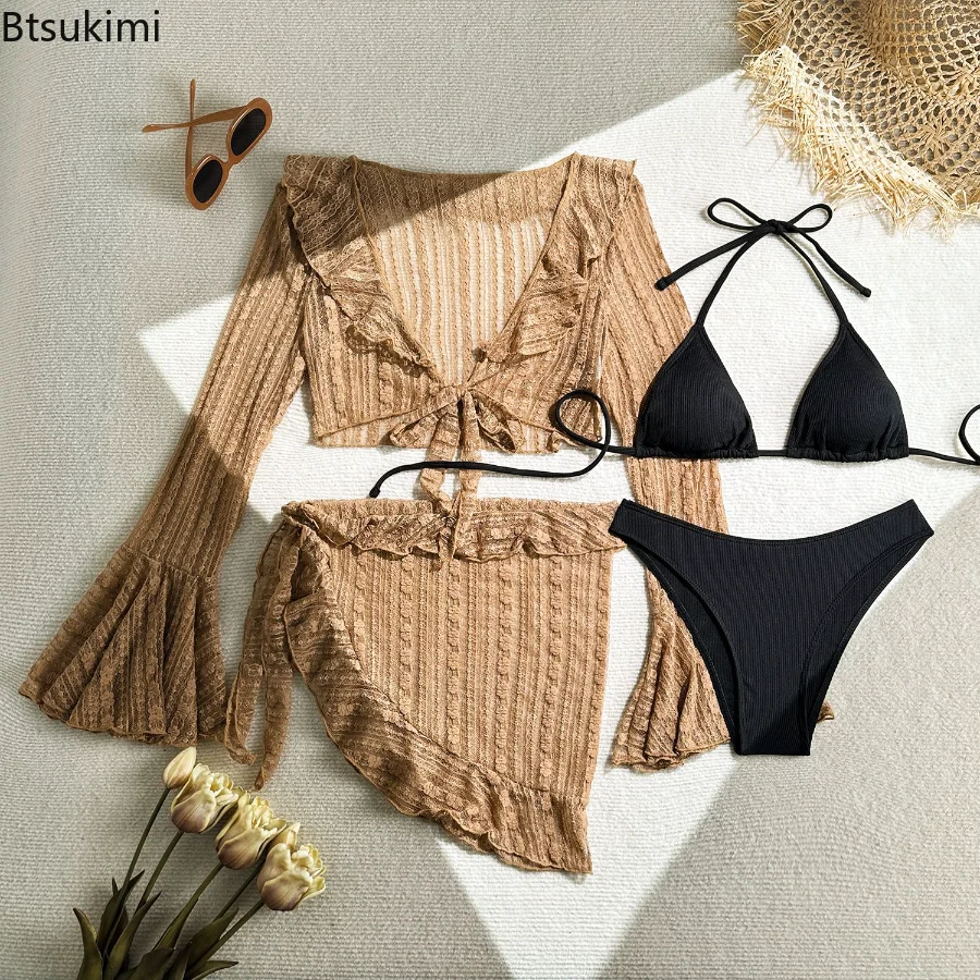 4 Pieces Bikinis Set Women Mesh Sexy Long Sleeve Cover Up with Beach Skirt Swimwear 2025 Holiday Bathing Suit Patchwork Swimsuit