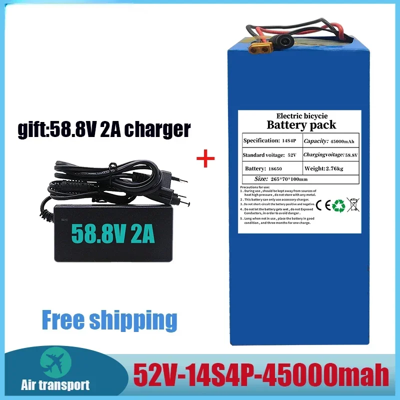 Free Shipping High Capacity 52V 14S4P 45000mAh 18650 1000W Lithium Battery for Balance Car, Electric Bicycle, Scooter, Tricycle