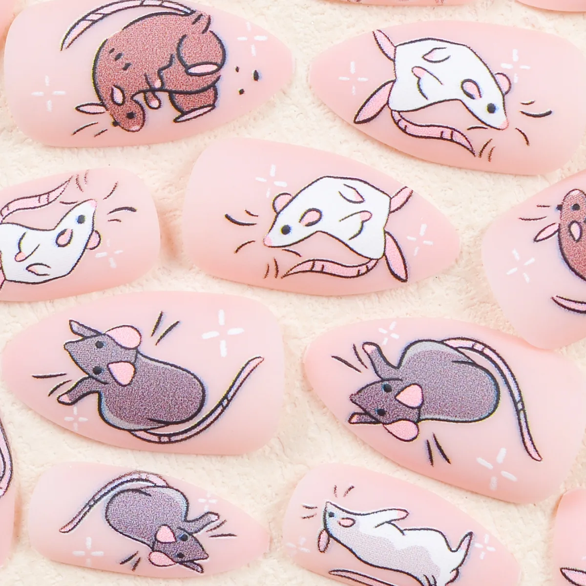 24pcs Cute Cartoon Mouselet Printed Press On Nails Light Pink Frosted Almond False Nails Kawaii Korean Style Fake Nail Wearable