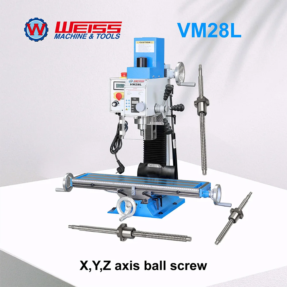 WEISS VM28L Milling Machine with X, Y, Z Axis Ball Screw Benchtop Milling Drilling Machine Variable Speed 100-2250rpm 1100W