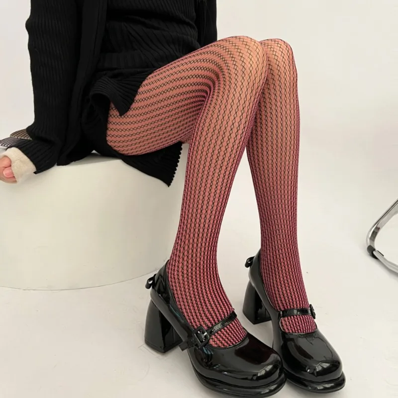 Spring Summer New Fishnet Pantyhose Black Color Blocking Vertical Stripe Cross Twists Tights Korean Spicy Girl Ab Color Contrast