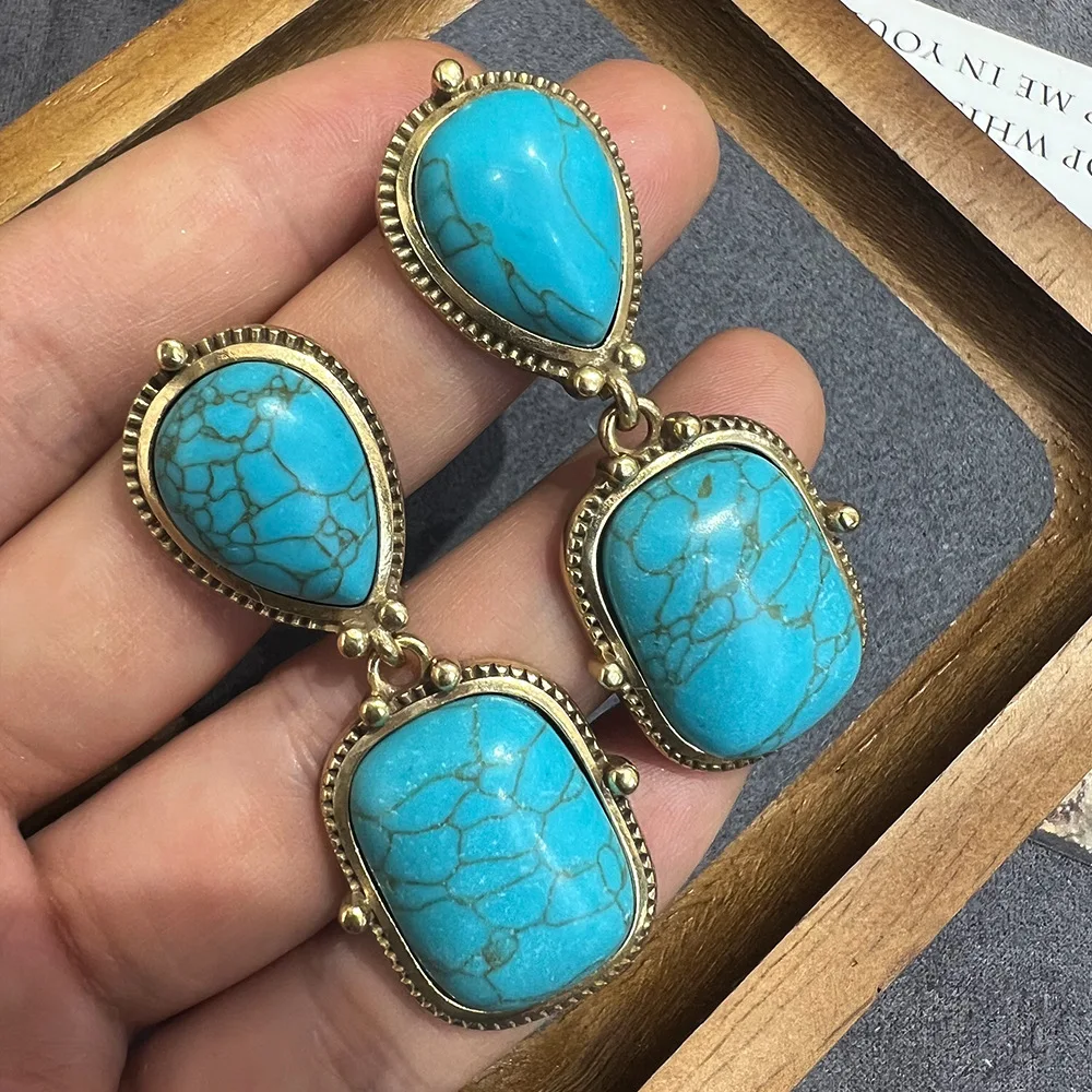 Medieval vintage turquoise square water drop earrings, niche design sense court style retro versatile earrings