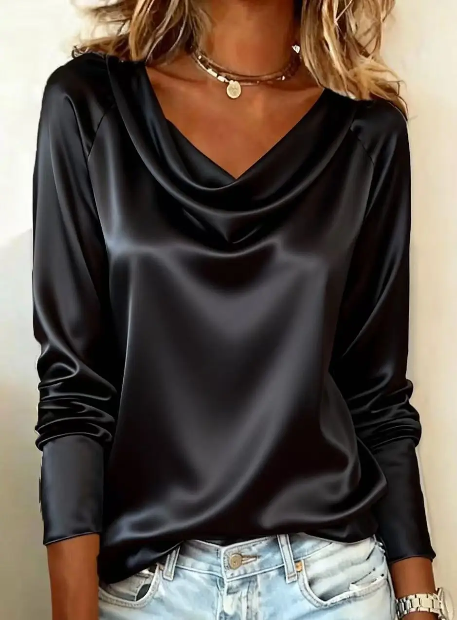 Luxury Satin Solid Color V-Neck Long Sleeve Blouse – Flowy Draped Collar Top for Women – Casual & Office Wear