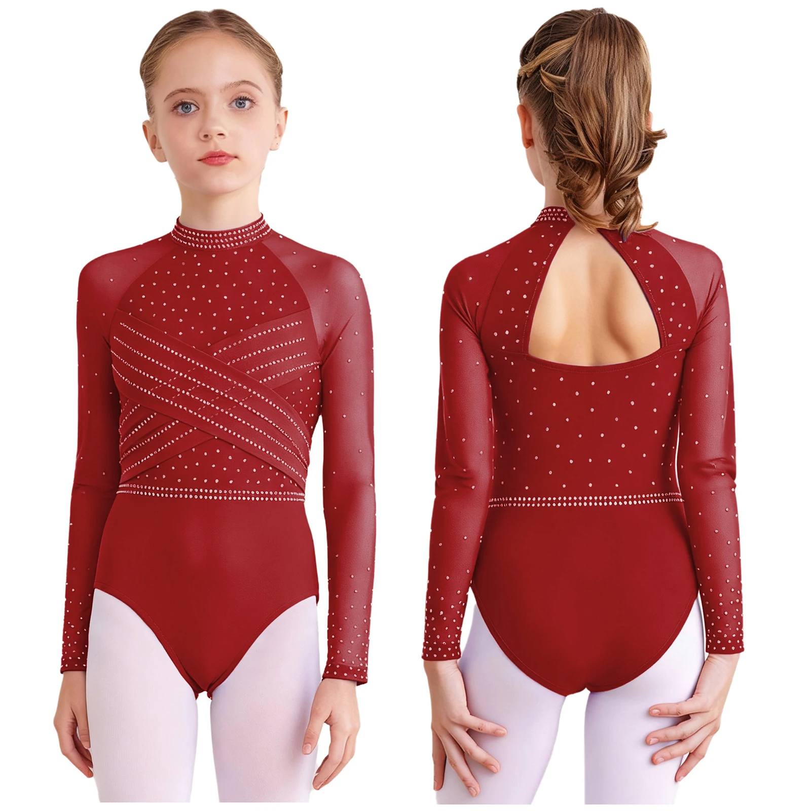 

Kids Girls Rhinestones Ballet Gymnastics Dancing Leotard Sheer Mesh Long Sleeves Cross Front Cutout Back Bodysuit Dancewear