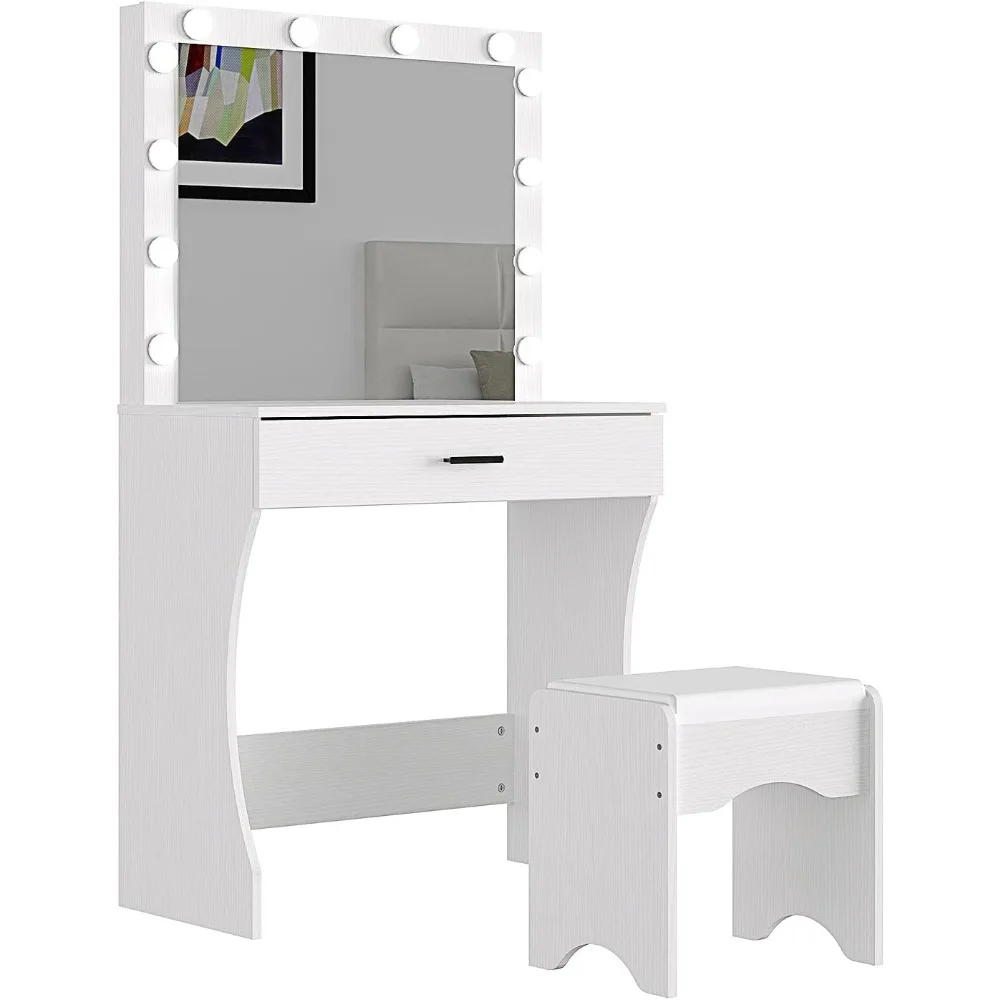 Vanity Desk with Mirror and Adjustable Lights, One Drawer Storage Makeup Table with Stool - Vanity Set for Bedroom (White)