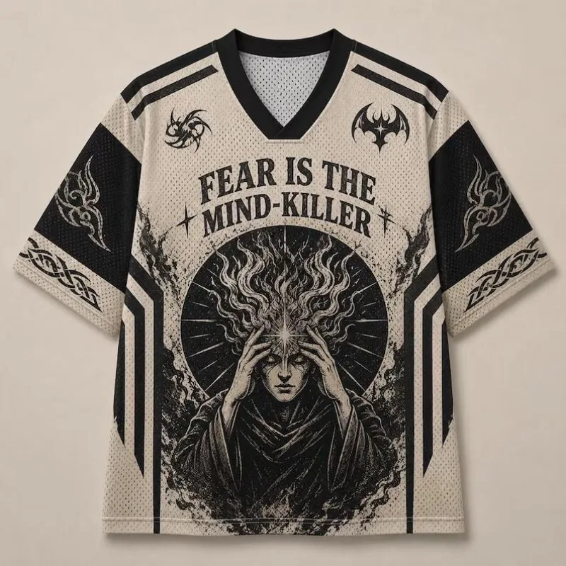Fear Is The Mind‑Killer Dark Gothic Football Jersey Mystic Sorcerer Print V‑Neck Color Block Short Sleeve Sports Tee Top