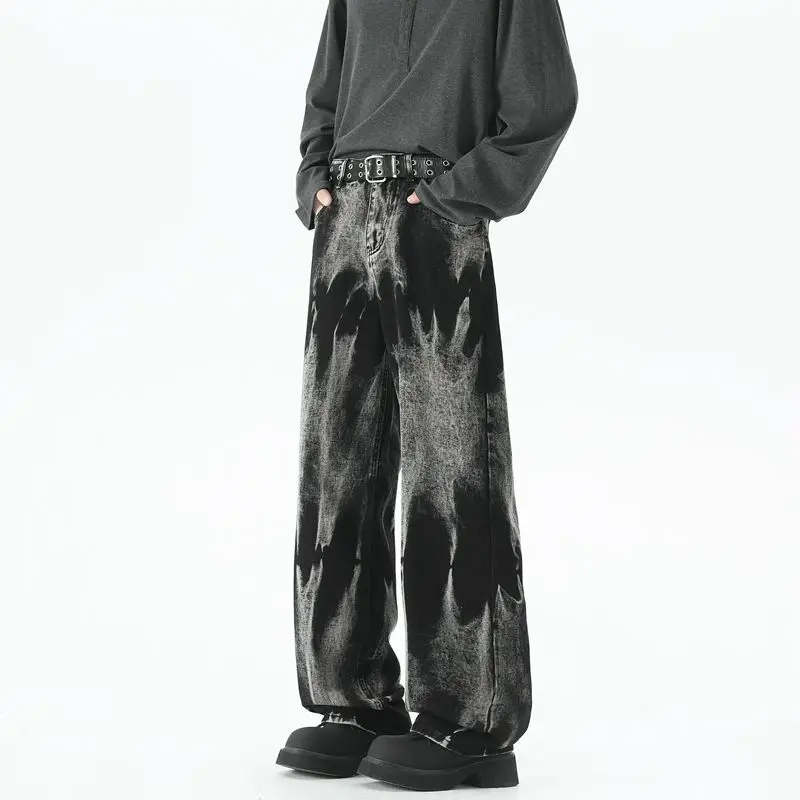 Jesienne męskie szerokie jeansy baggy w stylu high street, barwiony denim, casualowe proste neutralne jeansy baggy w stylu neutralnym, modne i uniwersalne.