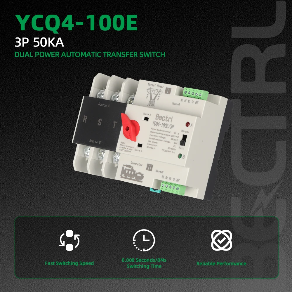 

YCQ4-100E/3P 63A/100A Dual Power Automatic Transfer Switch AC 220V 8kA Din Rail ATS Switches Uninterrupted Power