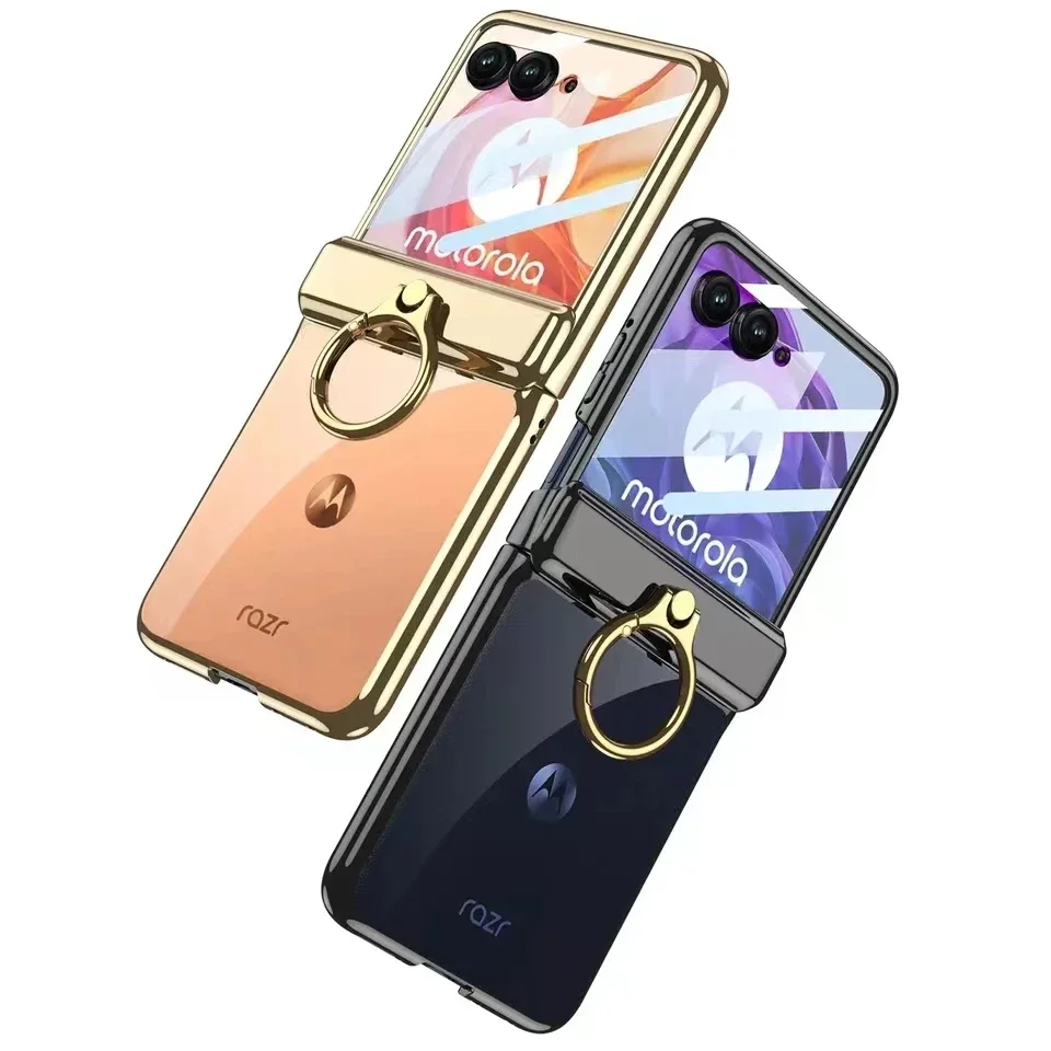 For Motorola Razr 50 Ultra Plus 2024 Transparent Case Plating Ring Magnetic Hinge Shockproof Cover With Screen Protector