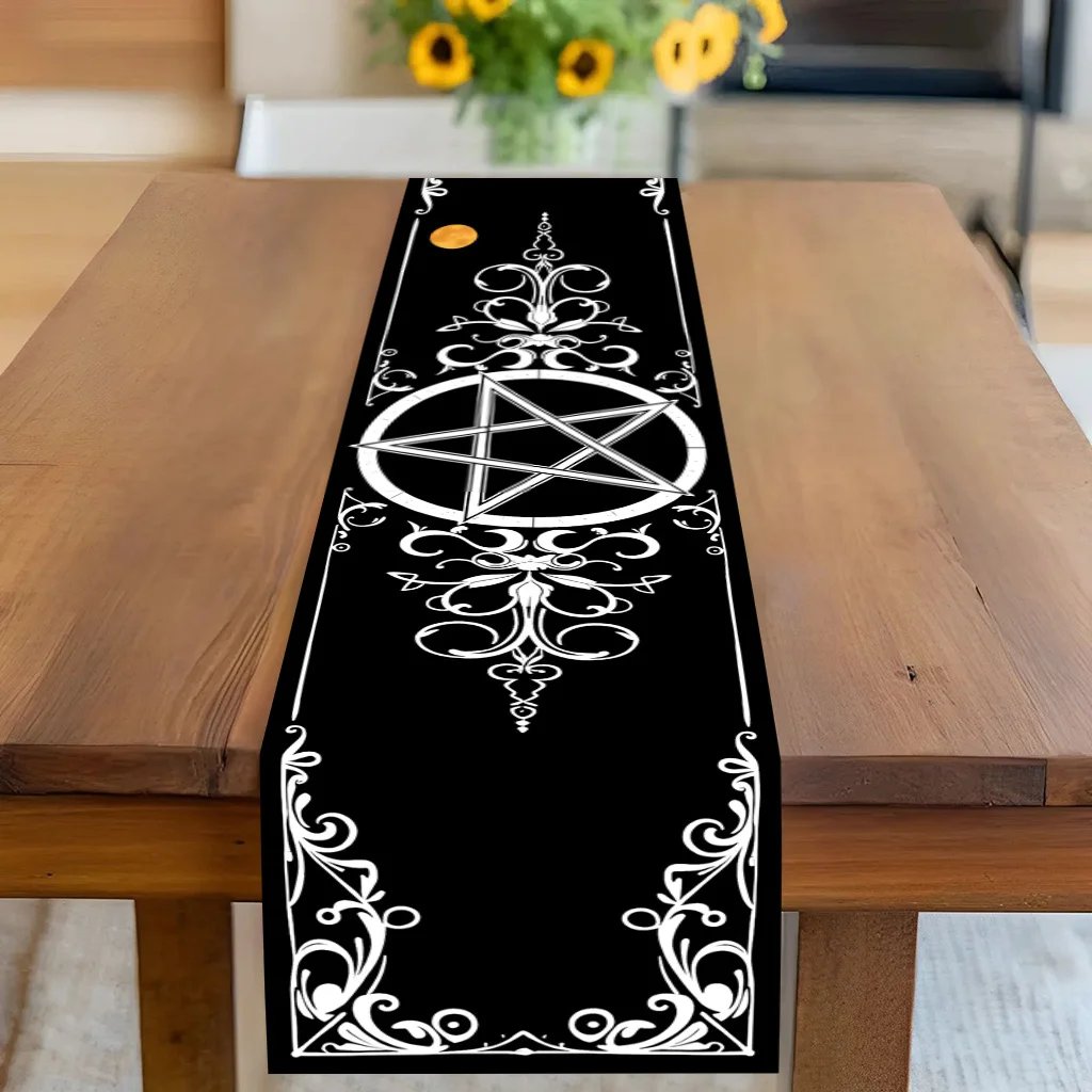 Black & White Pentagram Star Table Runner - Rectangular Table Cover for Banquet, Party Gifts, Dining Room & Coffee Table Decor