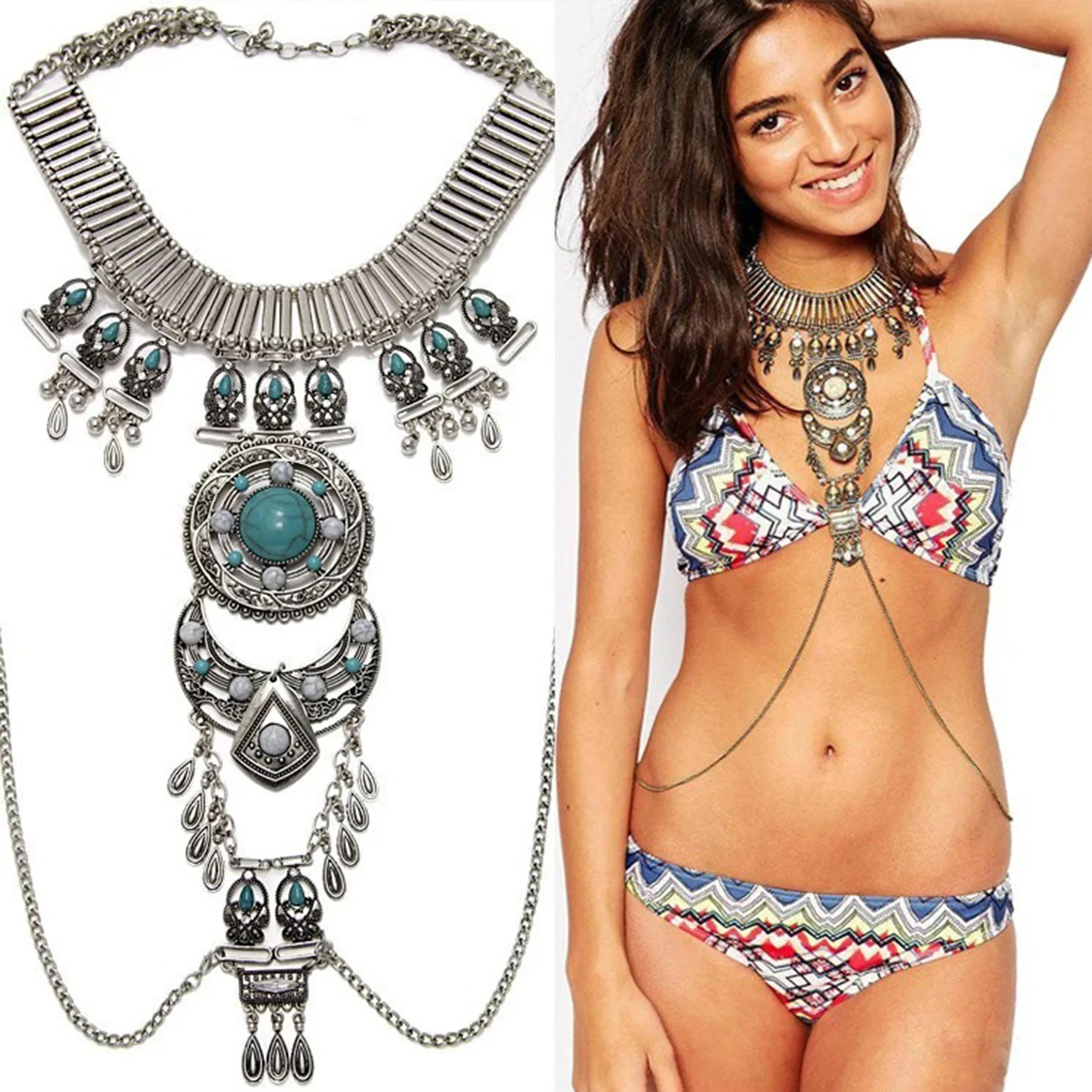 

Bohemian Vintage Women's Necklace Gems Exaggerate Ethnic Traditional Necklace Accessories Long Tassels Jewelry Gifts