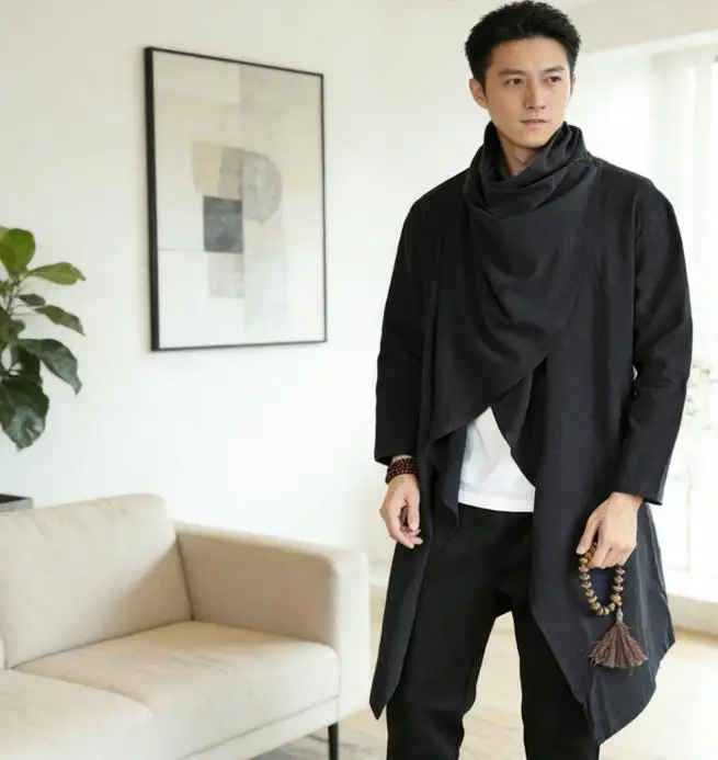 Trendy Spring Autumn Men Cloak European American Style Cotton-Linen Asymmetrical Hem Long-Sleeve Outerwear