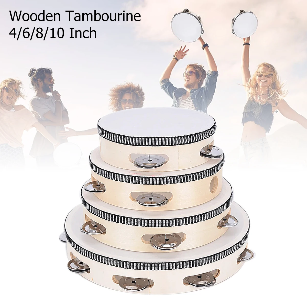 Miwayer Wood Hand Tambourine 4/6/8/10 Inch - Natural Finish, Metal Jingles, Educational Rhythm Percussion for Music Class