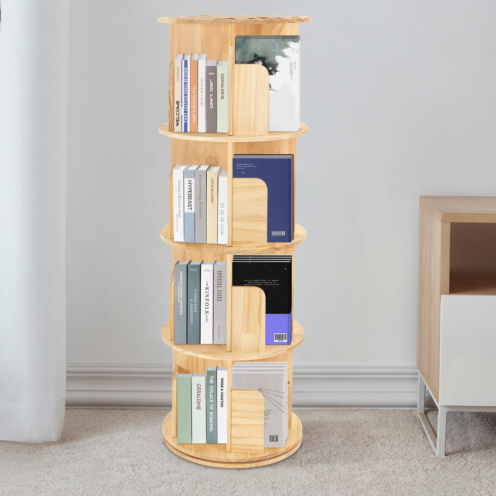 4-laags draaibaar boekenrek, 360 graden °   Draaibare boekenkasttoren, ronde ruimtebesparende hoge staande draaibare boekenkast, 17,7*5