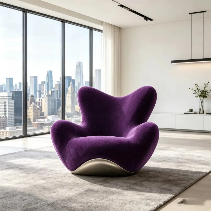 Luxury modern purple velvet wooden frame decorative chair, irregular organic single chair, suitable for villa living room lobby