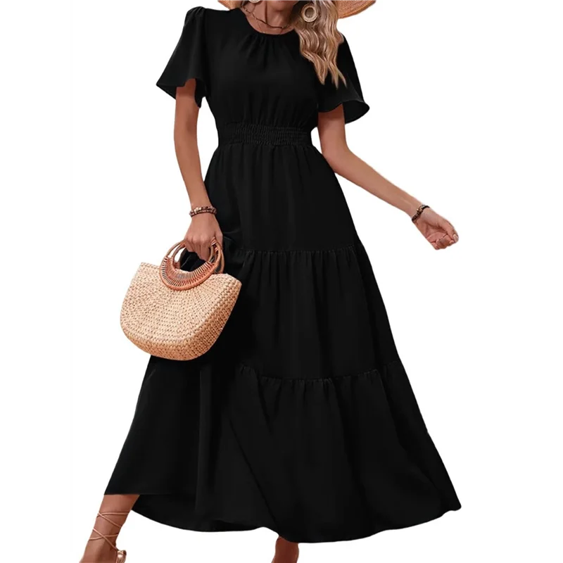 Women's Summer Casual Short Flutter Sleeve Round Neck Smocked Waist Tiered Boho Floral Flowy Maxi Dress-A55G