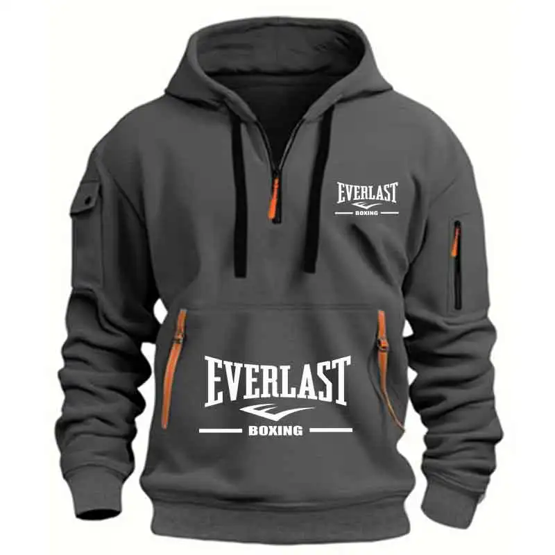 Men's Fashion Casual Hoodie Multi-pocket Sports Long-sleeve Sweatshirt Up Down Print Warm Half Zip Hooded Fitness Pullover Good