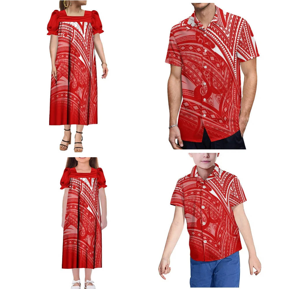 Family Party Clothing Summer Short Sleeve Women Girls Mumu Dress Men Boys Shirt Polynesian Tribal Grain Custom Suit