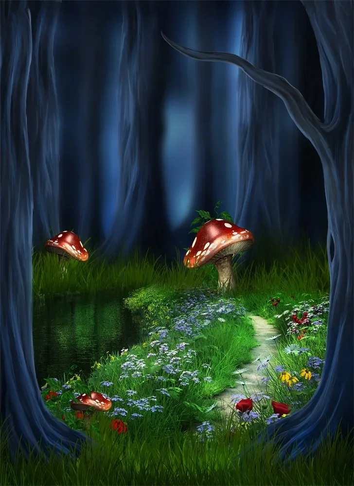 Dreamy Forest Spring Flowers Mushroom Backdrops Fairy Tale Tree Waterfall Wonderland Jungle Birthday Backgrounds Wedding Decor