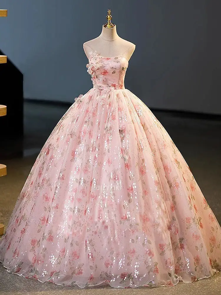 Vestidos de Noche Rosa Princesa para Fiesta de Gala, Vestido de Gala con Flores 3D, Largo hasta el Suelo, Estilo Cenicienta, para Fiesta de Cumpleaños, Vestidos Formales, Vestidos de 15 Años
