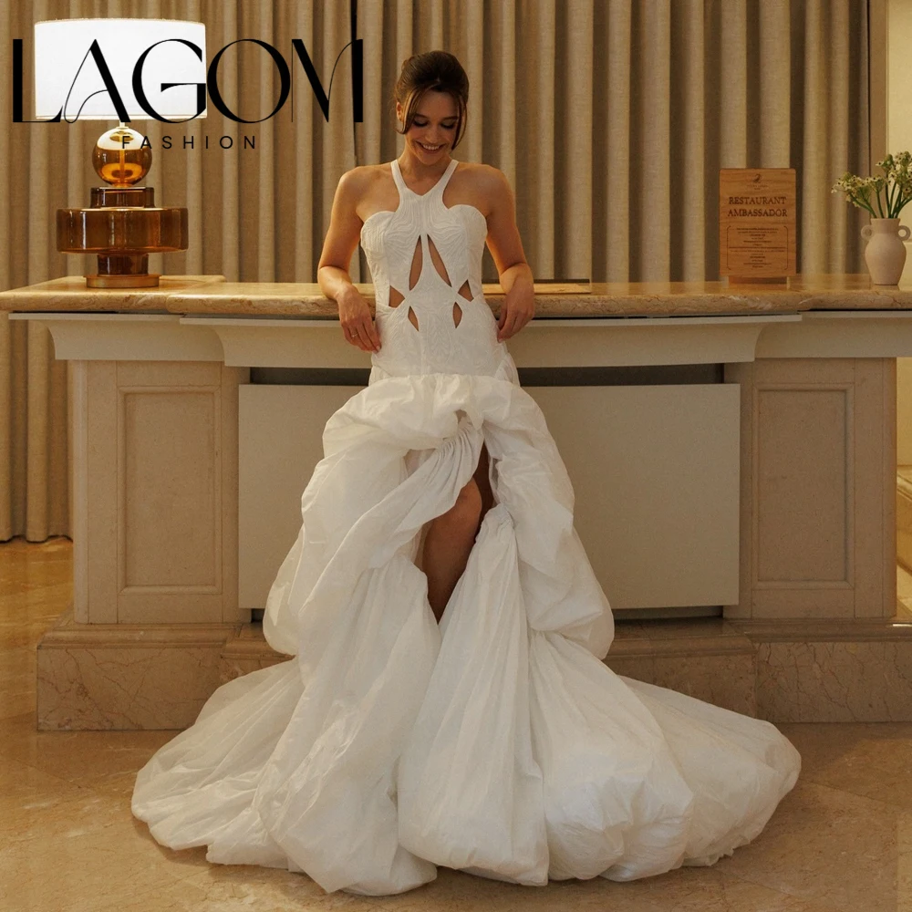 Lagom White Halter Cutout Mermaid Wedding Dress Exquisite Puffy Bubble High Slit Hollowed-out Vestidos De Novia 2026Customized