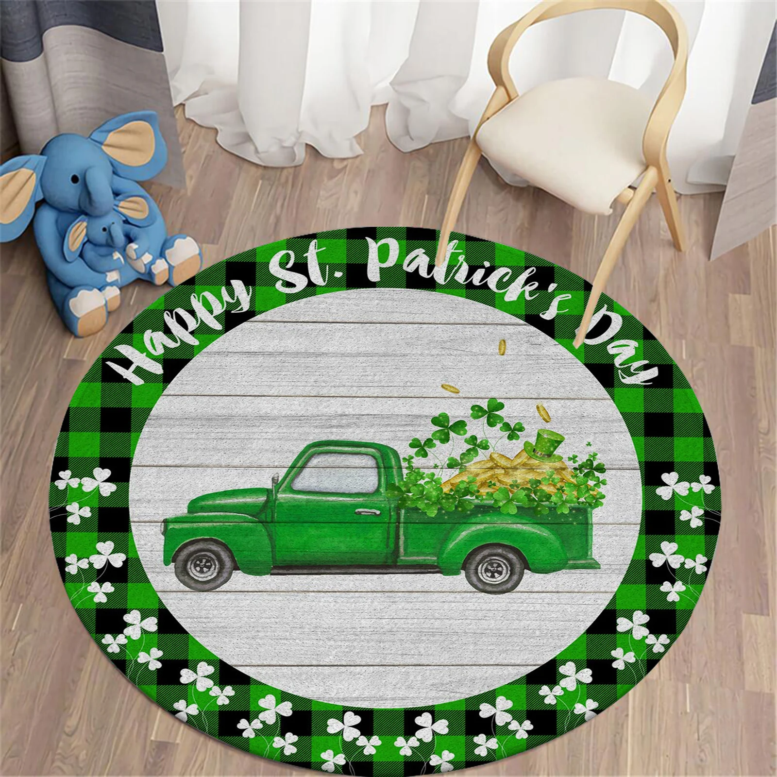 HX Happy St. Patricks Day Round Rug Black Green Plaid Truck Clover 3D Printed Carpets for Living Room Flannel Floor Mats 80cm