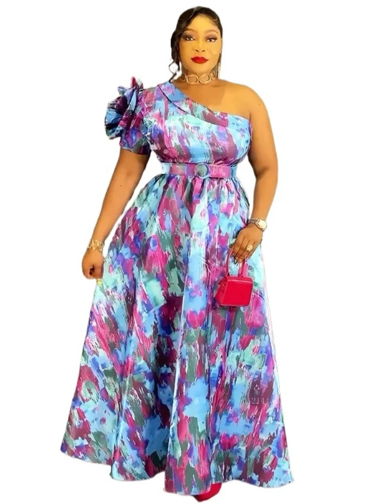 

Для африканских женщин, платье больших размеров с наклонными плечами, макси-халат на одно плечо с цветочным принтом и поясом, элегантная вечерняя одежда