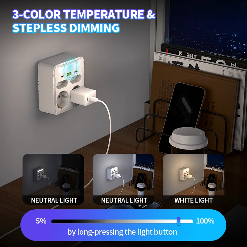 EU Power Strip Multi Plug EU Socket Adapter with Night Light, 4 AC + 3 USB Ports, 3-Color Stepless Dimming Childproof & Overload