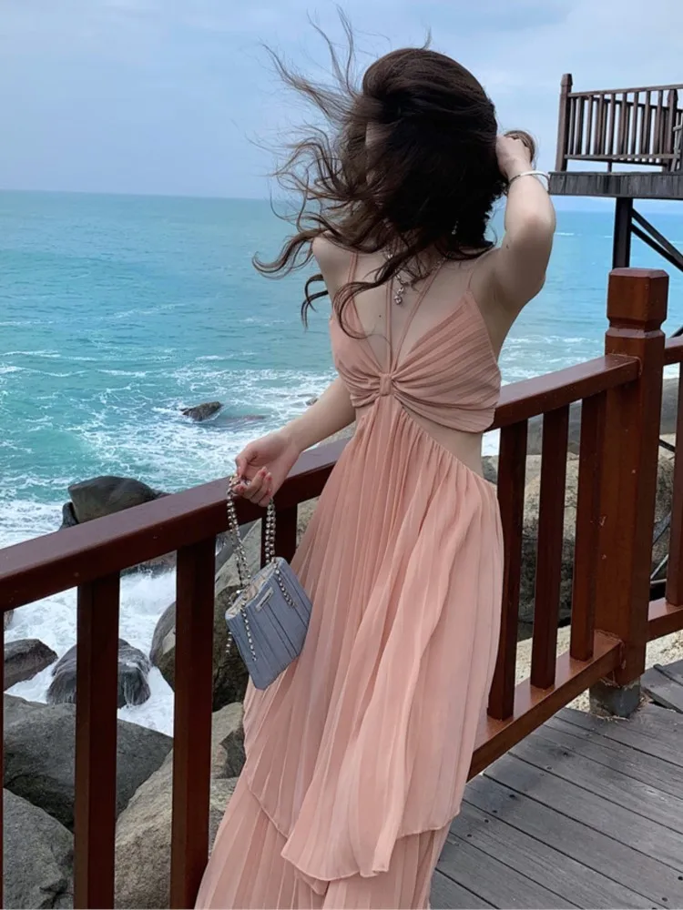 Summer New Fashion Women Sexy Pleated  Boho Long Dress Vacation Beach Strap A line Ladies Robe 2023 Sundress