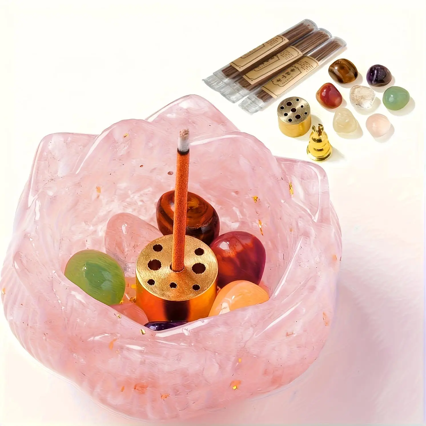Handcrafted Amethyst Lotus Incense Burner Retro Dual Use Bowl - Natural Crystal Inlay, Aromatherapy Diffuser & Candle Holder