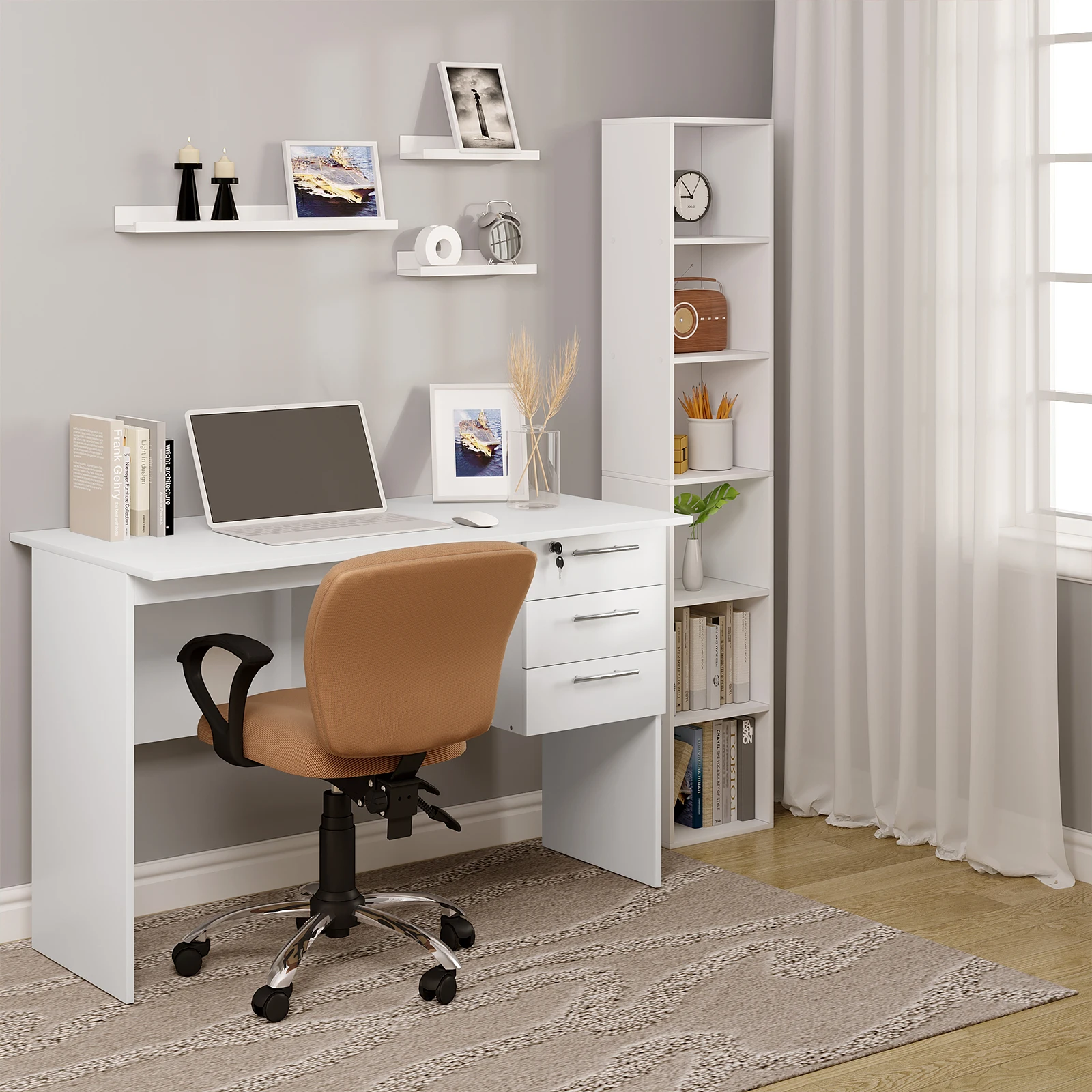 Büro-Computertisch, schwarz/weißer Spanplattentisch, PC-Arbeitstudientisch mit Schloss, 3 Schubladen für Schreibtische im Schlafzimmer