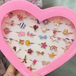 5/10/36Pcs Cute Cartoon Kids Rings Kawaii Korean Children Girls Enamel Flower Crown Finger Ring Child Jewelry