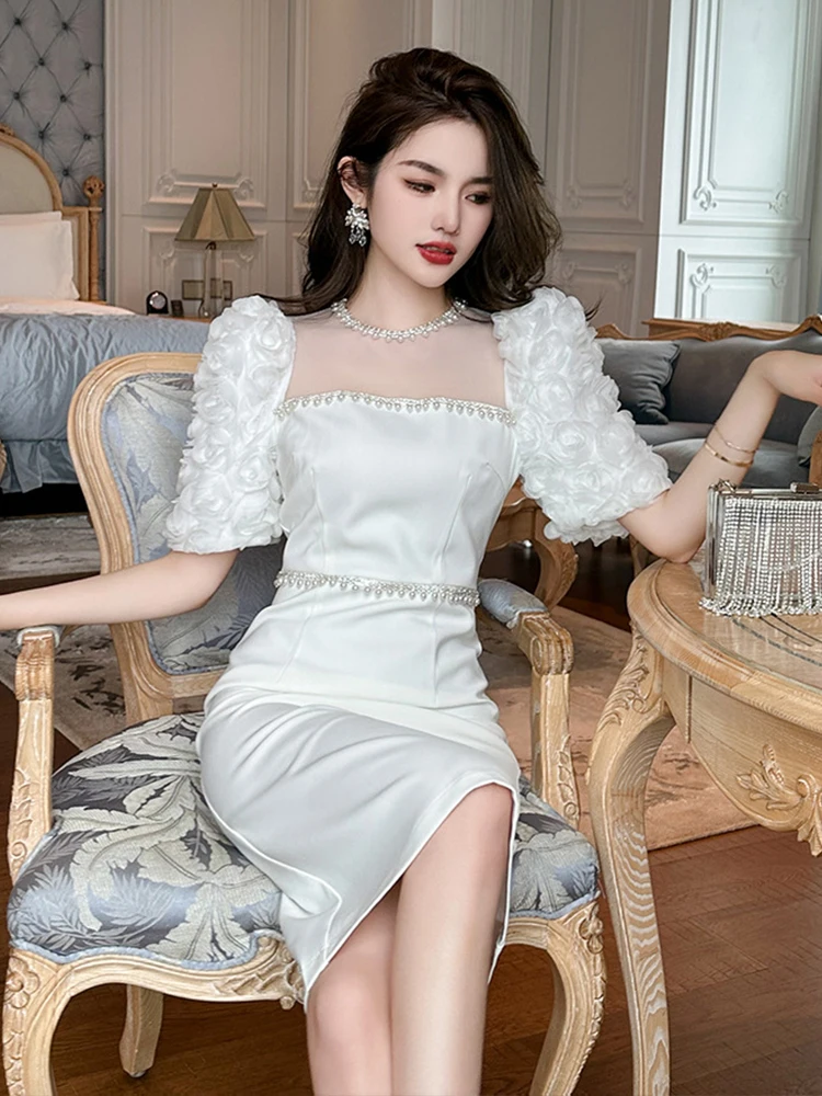 2024 Summer New Formal Dress Sweet Celebrity Beaded White Long Dress Sheer Mesh Flowers Split Slim Robe Femme Prom Party Vestido