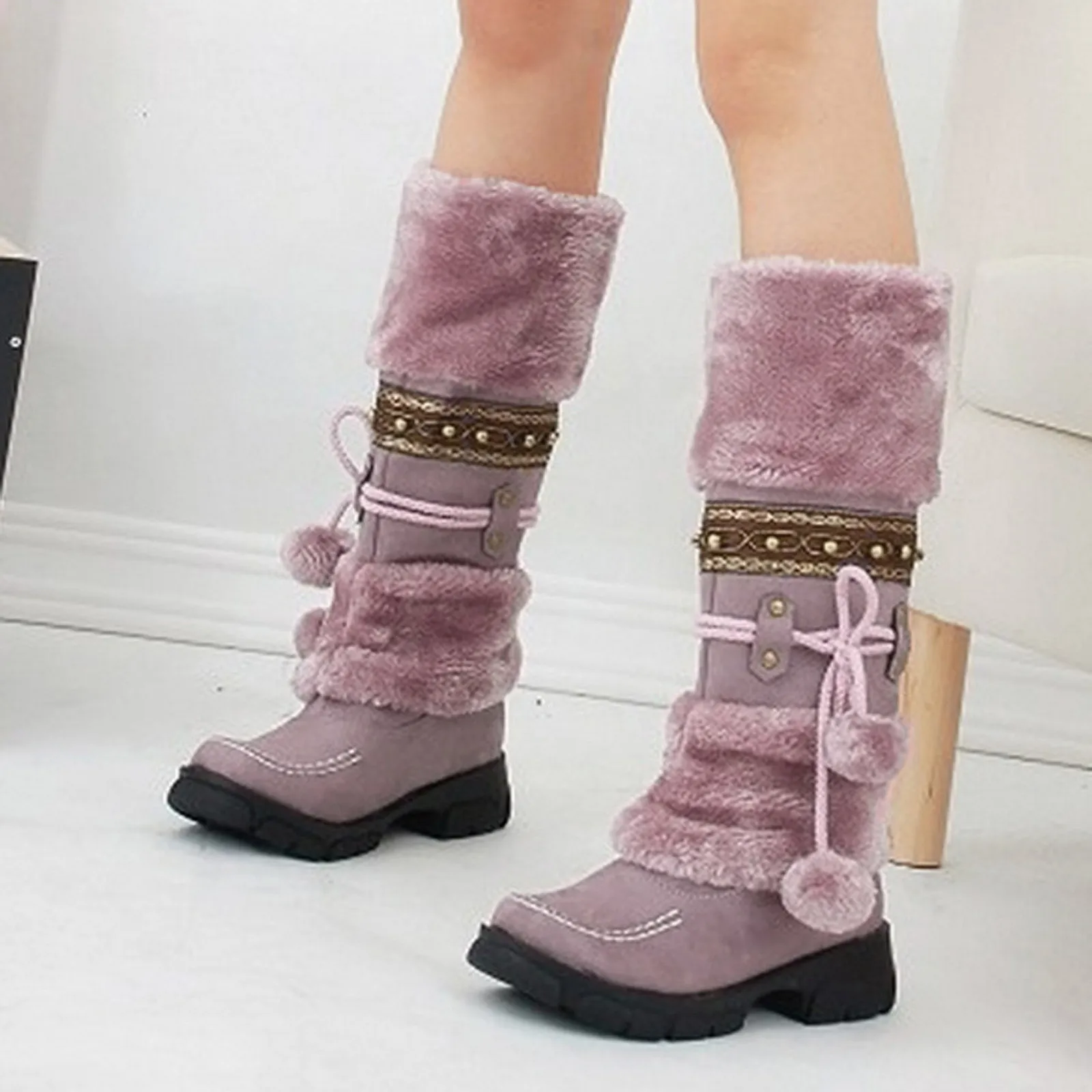 Winter Warm Thickened Fur Knee High Boots Fashion Warm Women Shoes Round Toe Low Heels Patchwork Vintage Botas Ladies Footwear