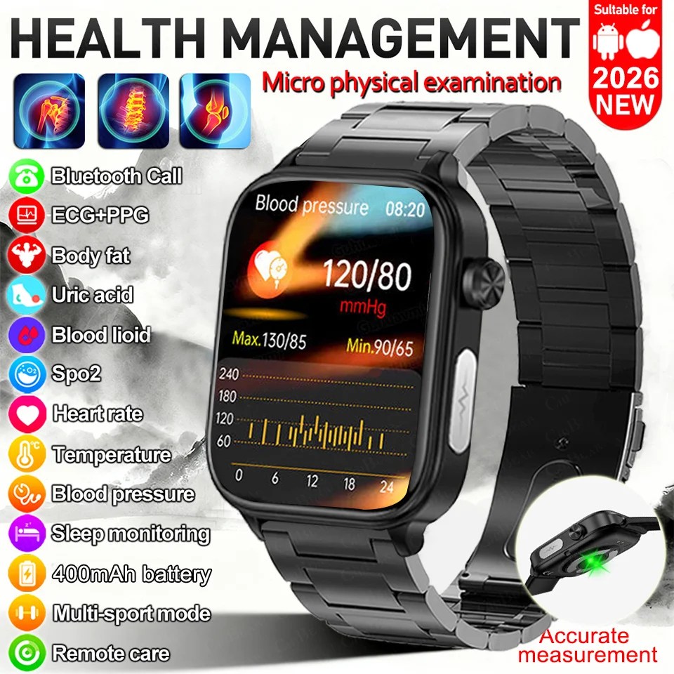 

2026 New Model Uric Acid & Lipid Health Analysis Smart Watch Men ECG+PPG Bluetooth Call 1.96-inch Flashlight Smartwatch Women