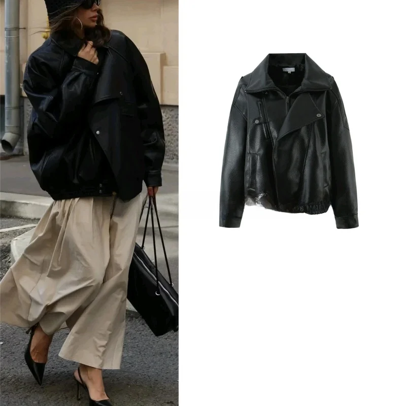 

Fall New Arrival Women's Retro Motorcycle Sle Simple Stand Collar Long Sve PU Leather ort Jaet Coat Casual Faion