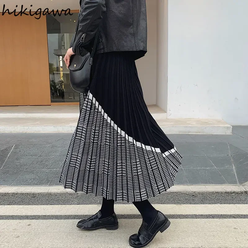 Vintage Skirts for Women Hihg Waist Slim A-line Long Jupe Patchwork Plaid Fashion Pleated Knit Skirt 2023 Faldas Mujer De Moda