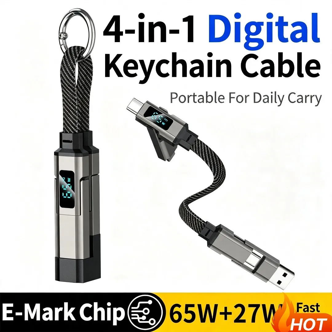 4 in 1 Charging Cable 65W Keychain Type C/USB A/L Port with LED Display New Fashion Portable Fast Charging Short Cable Cord 0.2m