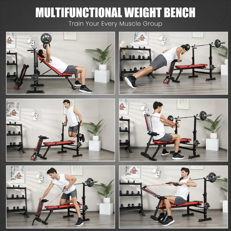 900 LBS Weight Bench Set with Squat Rack Adjustable Flat/Incline/Decline Bench Press Set with Leg Extension and Leg Curl Foldab