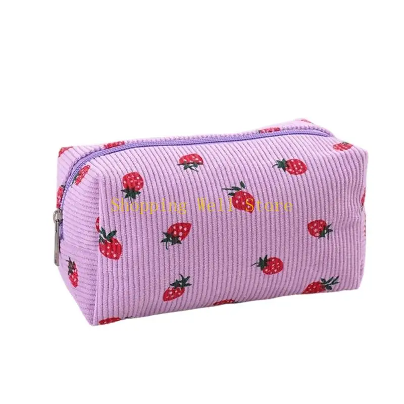 KX4B Corduroy Pencil Pouches with Strawberry Print Large Capacity Portable Bag