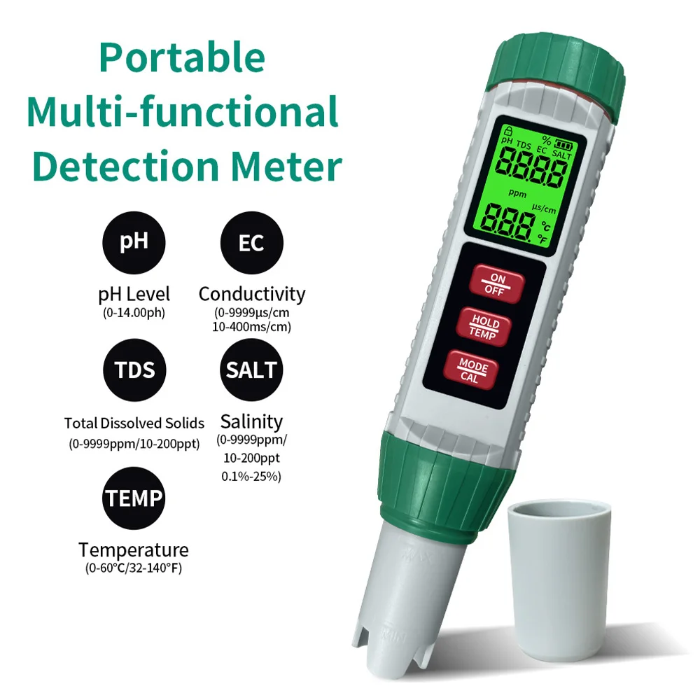 Portable 5-in-1 Digital Tester 5 Parameters (TDS/EC/PH/Salinity/Temperature) for Drinking Water Pools Aquariums-LCD Display LR44