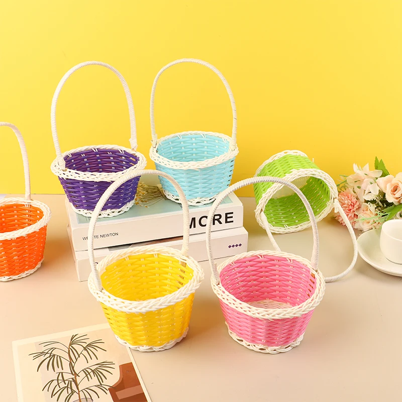 Plastic Rattan Woven Blue Easter Egg Basket Round Storage Basket Home Gift Basket